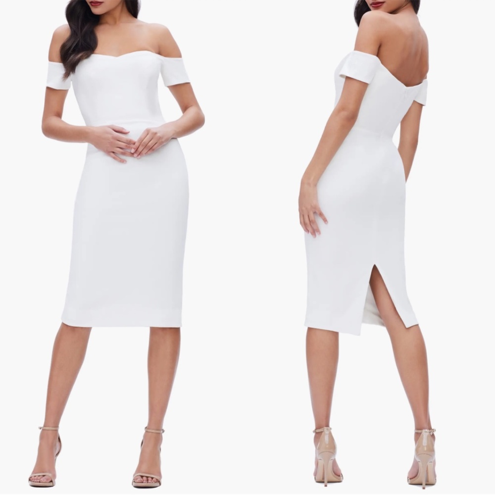NEW DRESS THE POPULATION Off White BAILEY Off The Shoulder BODY-CON Midi DRESS L